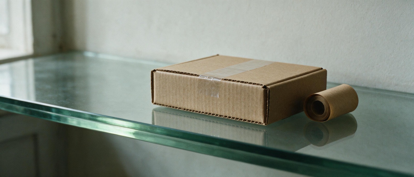 Caja de cartón cerrada con una tira de cinta transparente encima, junto a un rollo corto de papel kraft, sobre un mostrador de vidrio que refleja las dos piezas.